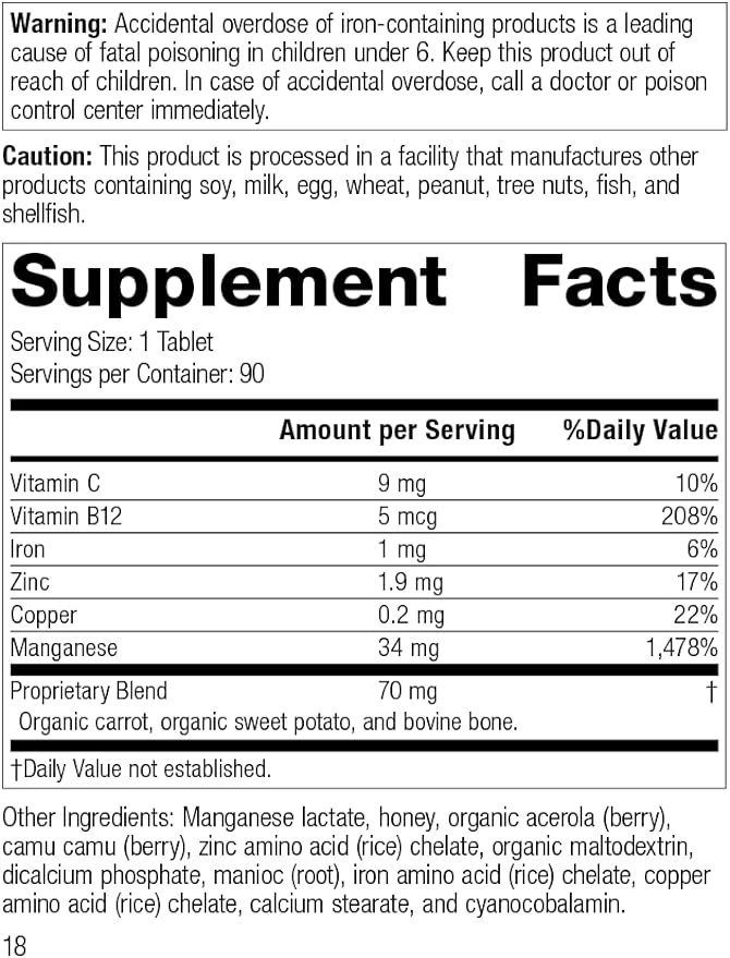 Standard Process Manganese B12 - Whole Food Hemoglobin and Antioxidant with Manganese, Organic Carrot, Maltodextrin, Copper, Organic Sweet Potato, Camu Camu, Vitamin B12-90 Tablets