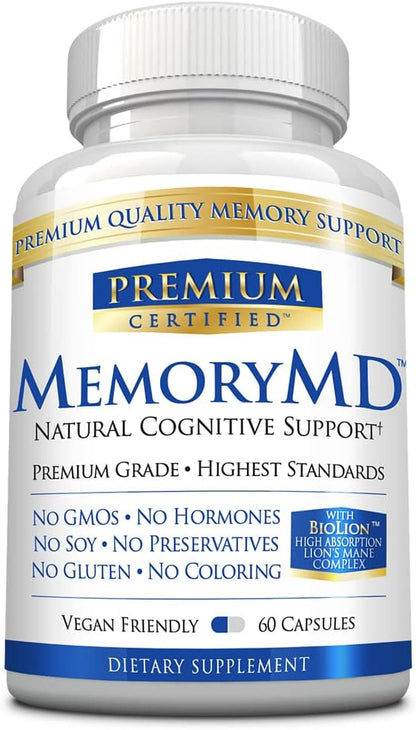 MemoryMD - 60 Capsules - Vitamin B Blend, Lion’s Mane Mushroom, Bacopa Monierri - Enhance Memory, Focus, and Learning - All Natural Supplement, Made in USA, Vegan, Non-GMO