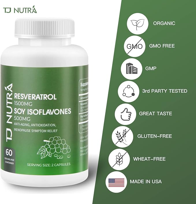 Resveratrol Supplement 2000mg with Soy Isoflavones 500mg, 100% Natural Trans-Resveratrol, Promotes Anti-Aging, Immunity Support, Antioxidants, Menopause Relief, 120 Capsules, 60 Day Supply