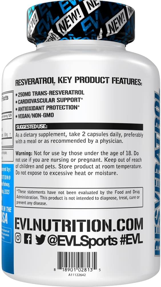 Evlution Anti Aging Trans Resveratrol Supplement Nutrition Super Antioxidant Supplement with 250mg Trans-Resveratrol from Resveratrol 500mg Japanese Knotweed Extract for Immune and Heart Health