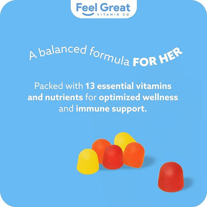 Multivitamin Gummy for Women by Feel Great Vitamin Co | Multi Chewable Gummy Supplement with Vitamin A, B-6, B-12, C, D, E, Biotin, Choline, Folic Acid, Zinc & More