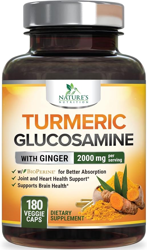 Turmeric Curcumin with BioPerine, Ginger & Glucosamine 95% Curcuminoids 2000mg Black Pepper for Max Absorption Joint Support, Nature's Tumeric Herbal Extract Supplement, Vegan, Non-GMO - 180 Capsules