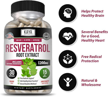 Kaya Naturals - Resveratrol Capsules - Anti Aging Supplement - Antioxidants with Brain Support - Maximum Benefits - 30 Veggies Capsules