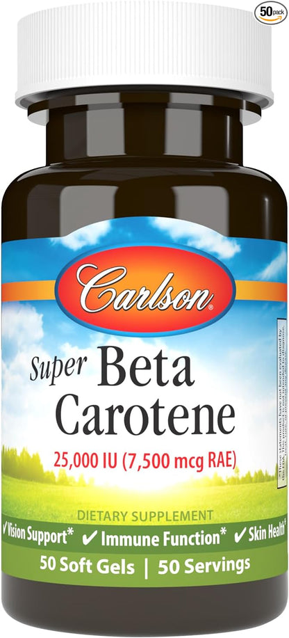 Carlson - Super Beta Carotene, 25000 IU (15 mg), Vitamin A as Beta Carotene, Bioavailable and Bioactive Form, Vision Health, Healthy Skin, 50 Softgels