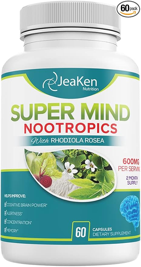 Super Mind - Nootropics Cognitive Enhancer - Brain Boost Supplement with Natural Ingredients - Bacopa Monnieri - Rhodiola Rosea - Ginkgo Biloba - Vitamin B12-60 Vegan Capsules Made in USA