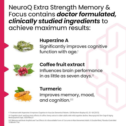 NeuroQ Memory & Focus Extra Strength - Boosts Cognitive Performance & Brain Function - Supports Neuroprotection & Concentration - Huperzine A, Gotu Kola, Ginkgo, Coffee Fruit & Propolis - 60 Capsules