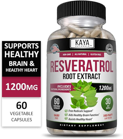 Kaya Naturals - Resveratrol Capsules - Anti Aging Supplement - Antioxidants with Brain Support - Maximum Benefits - 60 Veggies Capsules