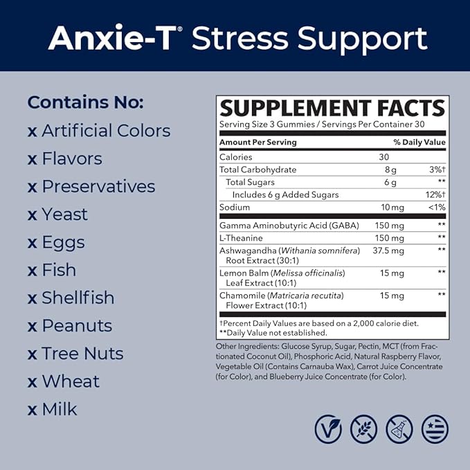 Anxie-T - Stress Relief Gummy - Vitamin Supplement for Mood & Mental Focus Support - Feel Calm and Relaxed - Rapidly Eases Tension - Ashwagandha, GABA & L-Theanine - 90 Gummies