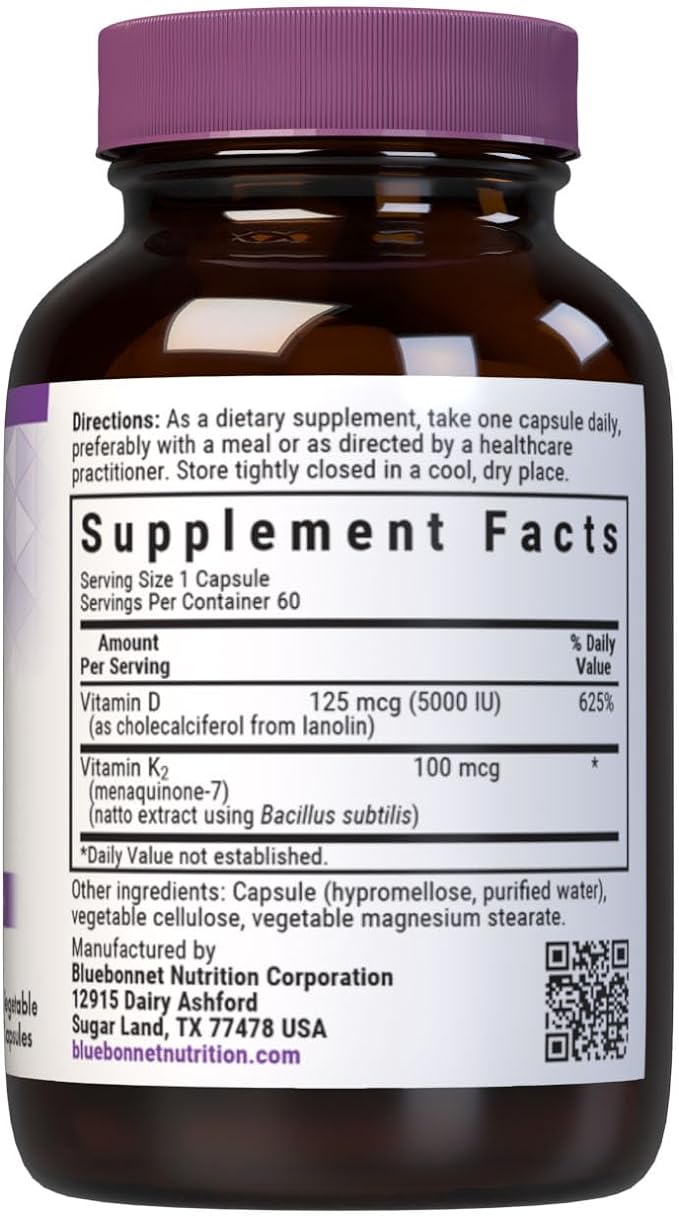 Bluebonnet Nutrition Vitamin D3 & K2, Soy-Free, for Strong-Healthy Bones*, Gluten-Free, Non-GMO, Dairy-Free, Kosher Certified, Vegetarian, 60 Vegetable Capsules, 60 Servings