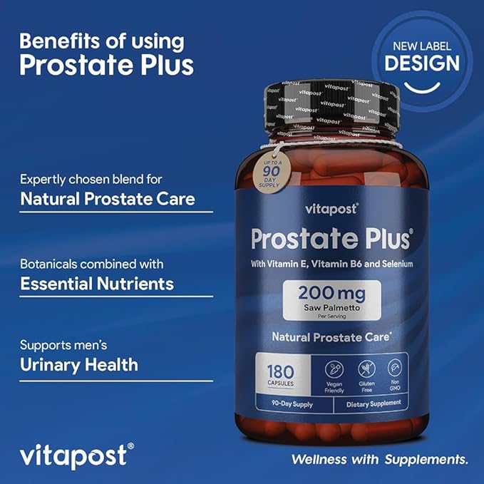 Prostate Plus Natural Prostate Care and Urinary Health Supplement for Men Enriched with Saw Palmetto, Vitamin B6, Vitamin E, Selenium and Zinc. 180 Capsules