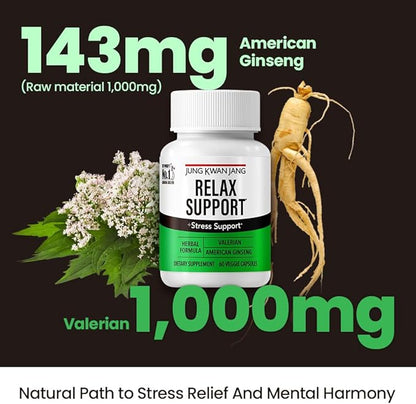 JungKwanJang Relax with Valerian Root (1,000mg) and American Ginseng (143mg) for Relaxation Support and Better Sleep, 60 Herbal Capsules for Men and Women