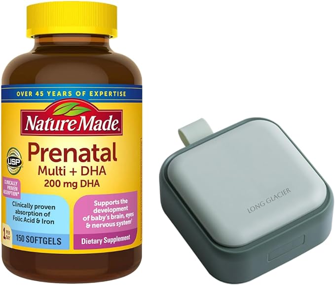 Nature Made Prenatal Multi + dha, 150 Count Softgels Bundle with Long Glacier Pill Oragnizer, Small Cute Pill Container for Medicine, Vitamins, Fish Oils, Supplement, Green