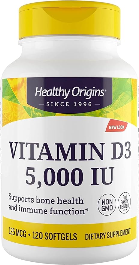 Healthy Origins Vitamin D3 (Lanolin) 5,000 IU - Bone Health and Immune Support Supplement - Easily Absorbable Vitamin D Supplements - Gluten-Free Vitamin D3 Supplement - 120 Softgels