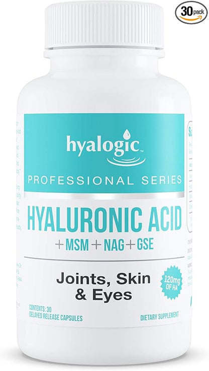 Hyalogic Hyaluronic Acid Delayed Release Capsules | Combo Formula w/Glucosamine MSM | Support Healthy Joints, Eyes and Skin and overall Body | Promote Healthy Skin | 120 mg | Non-GMO (30 count)