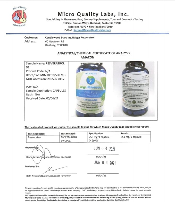 Mega Resveratrol, Pharmaceutical Grade,99% Pure, Isolate, Micronized Trans-Resveratrol, 120 Veggie Caps, 500mg per Capsule. Purity Certified. Absolutely NO Toxic “inactive” Ingredients Added.