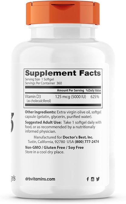 Doctor's Best Vitamin D3 5,000 IU for Healthy Bones, Teeth, Heart and Immune Support, Non-GMO, Gluten-Free, Soy Free, 360 Count (Pack of 1)