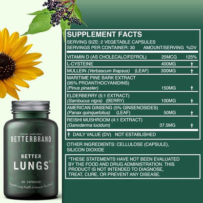 Betterbrand BetterLungs Daily Respiratory Health Supplement | with Mullein Leaf, Elderberry, Vitamin D, Ginseng and Reishi Mushroom | Lung Health, Allergy, Sinus, and Mucus Relief (60 Capsules)