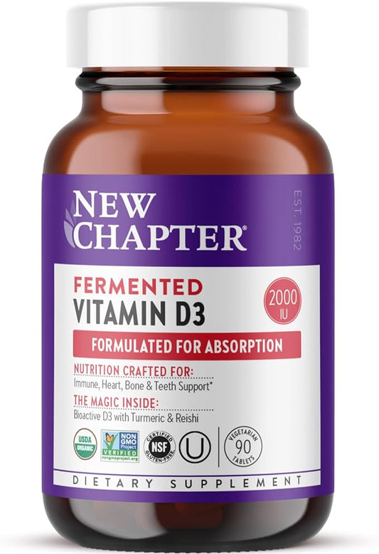 New Chapter Fermented Vitamin D3 2,000 IU, Organic, ONE Daily for Immune, Heart & Bone Support + Whole-Food Turmeric, Adaptogenic Reishi Mushroom, 100% Vegetarian, Gluten Free, 90 Count