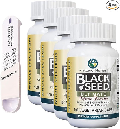 Black Seed Ultimate Defense Formula, 100 Count, Bundled With Beyondeals Plastic Measuring Spoon, Whole Spectrum Vegetarian Capsules, Ultimate Black Seed For Digestive Health~ [Pack Of 4]