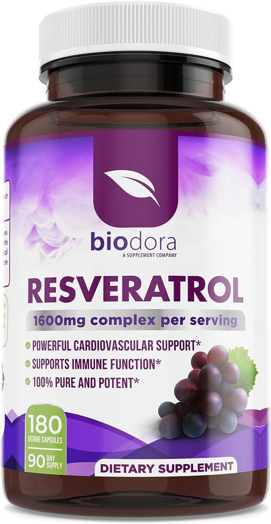 Resveratrol 1600mg, Trans-Resveratrol Antioxidant Supplement with Green Tea, Grape Seed Extract and Quercetin, Helps to Support Digestive Health and Immune System, 180 Capsules