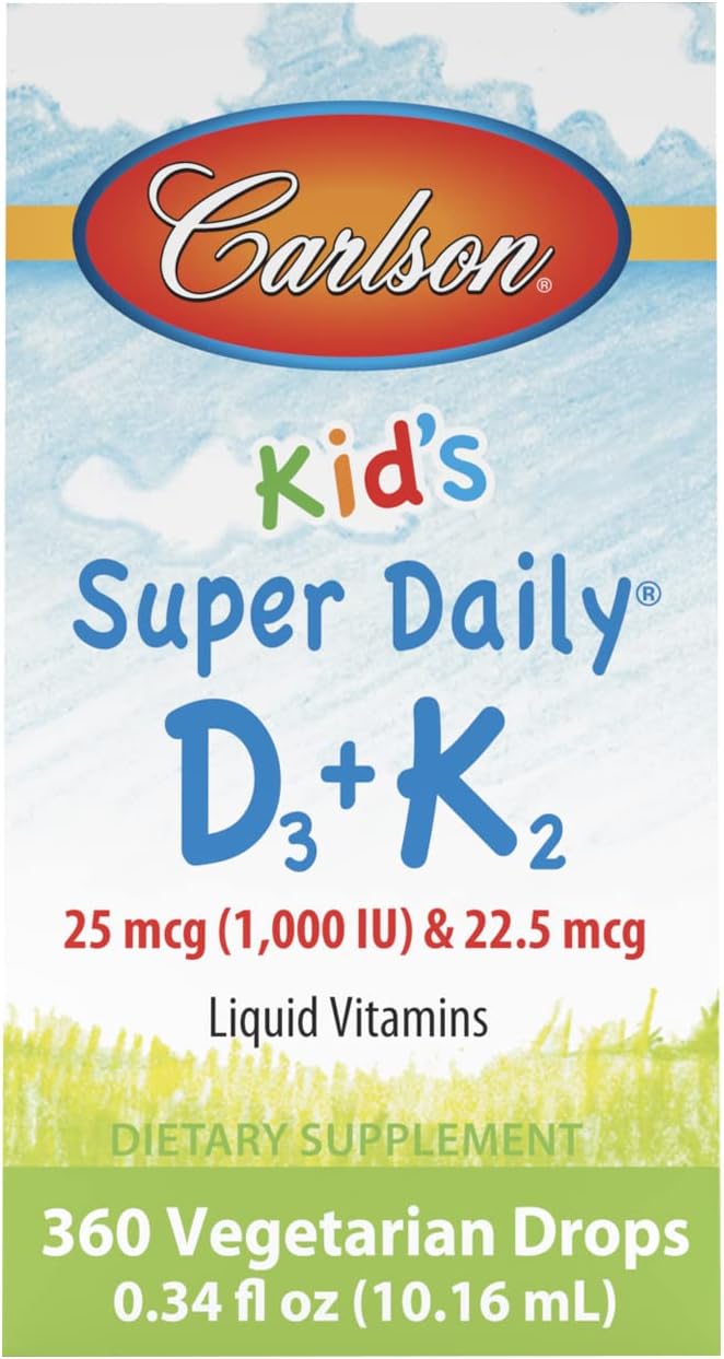 Carlson - Kid's Super Daily D3+K2, 25 mcg (1,000 IU) D3 & 22.5 mcg K2, Vitamin D Drops with Vitamin K2, Liquid Vitamins, 1000 IU Vitamin D3, Heart & Bone Health, 1-Year Supply, Unflavored, 360 Drops