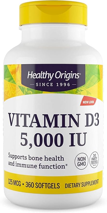 Healthy Origins Vitamin D3 (Lanolin) 5,000 IU - Bone Health and Immune Support Supplement - Easily Absorbable Vitamin D Supplements - Gluten-Free Vitamin D3 Supplement - 360 Softgels