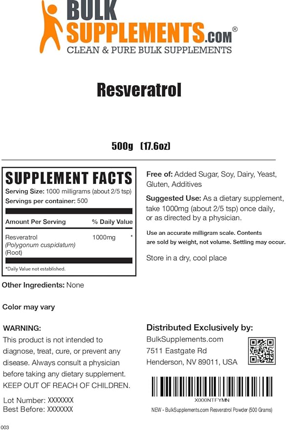 BulkSupplements.com Resveratrol Powder - Resveratrol Supplement, Polygonum Cuspidatum, Resveratrol 1000mg - Antioxidant & Gluten Free, 1000mg per Serving, 500g (1.1 lbs) (Pack of 1)