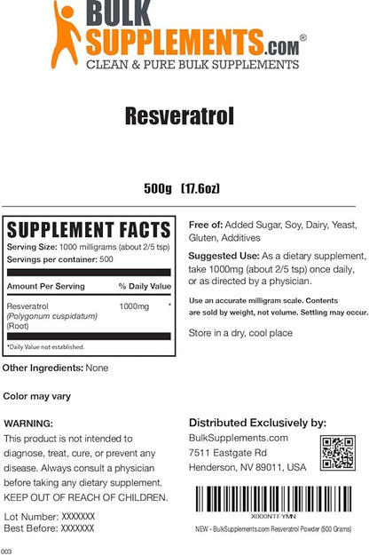 BulkSupplements.com Resveratrol Powder - Resveratrol Supplement, Polygonum Cuspidatum, Resveratrol 1000mg - Antioxidant & Gluten Free, 1000mg per Serving, 500g (1.1 lbs) (Pack of 1)