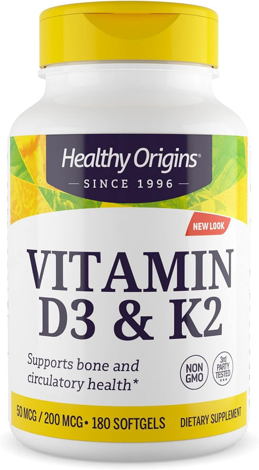 Healthy Origins Vitamin D3 & K2 - Vitamin D3, 50 mcg - Vitamin K2, 200 mcg - Easily Absorbable Vitamin D & Vitamin K Supplements - Non-GMO & Gluten-Free Supplements - 180 Softgels