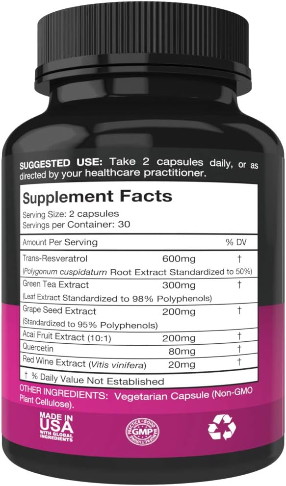 Resveratrol Supplement - Potent 1400mg Formula with Trans Resveratrol, Quercetin, Grape Seed, Green Tea, Acai and Red Wine Extract - 60 Veggie Capsules