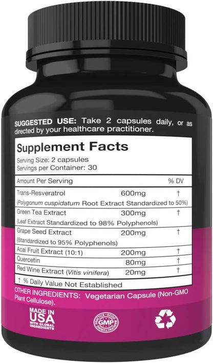 Resveratrol Supplement - Potent 1400mg Formula with Trans Resveratrol, Quercetin, Grape Seed, Green Tea, Acai and Red Wine Extract - 60 Veggie Capsules