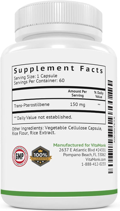 VitaMonk Pterostilbene 150mg Capsules No Artificial Fillers - Soy Free Trans-Pterostilbene Supplement which Promotes Healthy Aging and Longevity - 60 Veggie-Caps - Improved Resveratrol