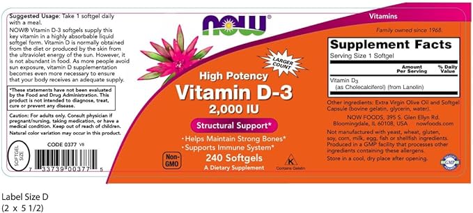 NOW Foods Vitamin D-3, Structural Support 2000 I.U, 480 Softgels