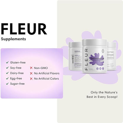 FLEUR Resveratrol Supplement, Extra Strength Trans Resveratrol for Immune Support, Antioxidant Supplement for Youthful Aging, Cardiovascular Support, Joint Support, Brain Function, 750mg, 60Ct