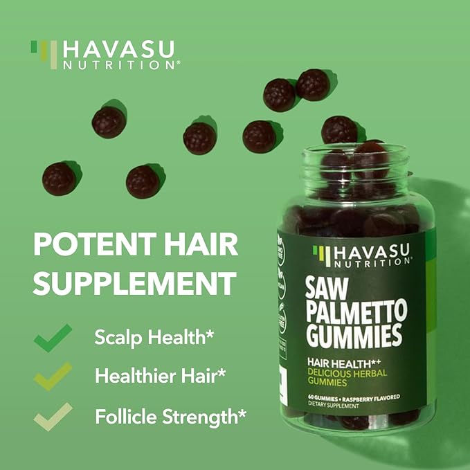 Saw Palmetto for Men Gummies | Saw Palmetto Supplement and DHT Blocker for Hair Health & Male Patterned Balding | Saw Palmetto Hair Supplement for Men | 60 Raspberry Vegan Mens Hair Gummies