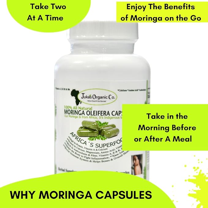 Juka's Organic Co. Moringa Powder Capsules (100% Authentic, Organic, Non GMO, Zero Additives. Rich in Antioxidants & Amino Acids, Indigenous to Africa) Vegan Capsules 120-500mg