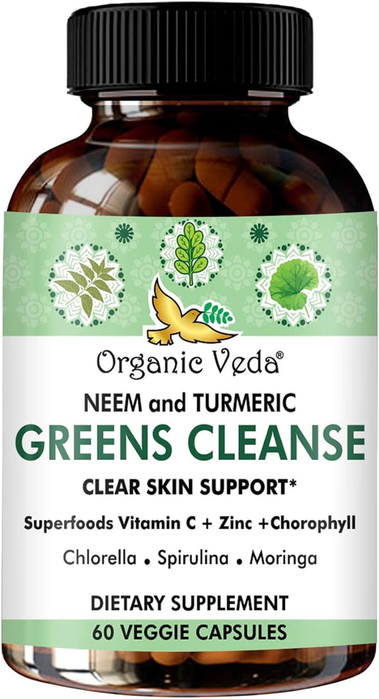 Organic Veda Neem & Turmeric Green Cleanse Supplement with Moringa, Spirulina, Chlorella - Support Liver Health, Enhances Skin Glow - 60 Capsules