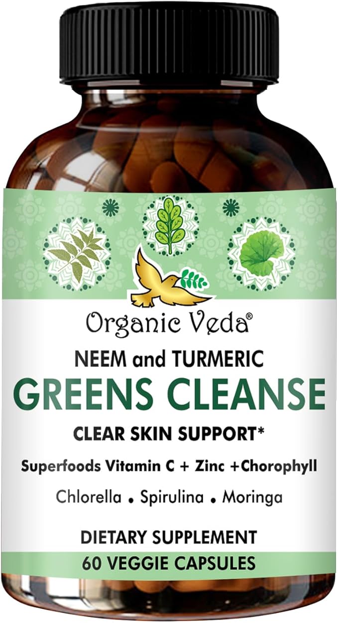 Organic Veda Neem & Turmeric Green Cleanse Supplement with Moringa, Spirulina, Chlorella - Support Liver Health, Enhances Skin Glow - 60 Capsules