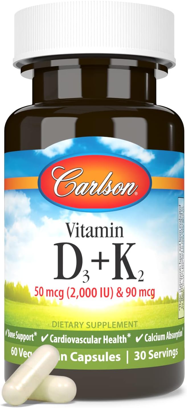 Carlson - Vitamin D3 + K2, 50 mcg (2000 IU) Vitamin D3 & 90 mcg Vitamin K2 as MK7, Bone Support, Calcium Absorption, 60 Capsules