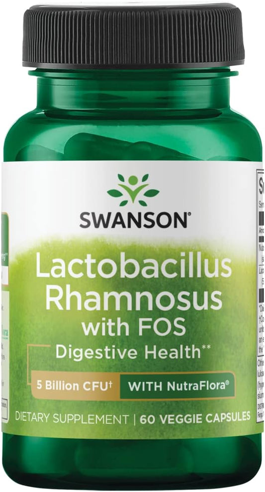 Swanson Lactobacillus Rhamnosus with FOS - Probiotic Supplement Supports Digestive Health - 5 Billion CFU - Promotes GI Tract Health During Travel - (60 Veggie Caps)