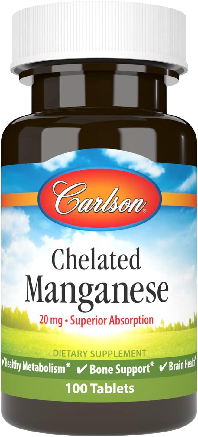 Carlson - Chelated Manganese, 20 mg, Superior Absorption, Healthy Metabolism, Bone Support & Brain Health, 100 Tablets