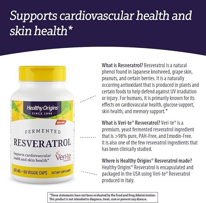 Healthy Origins Resveratrol (Trans-Resveratrol), 300 mg - European Resveratrol Nutritional Supplements - Vegan, Non-GMO & Gluten-Free Antioxidant Supplement - 60 Veggie Capsules