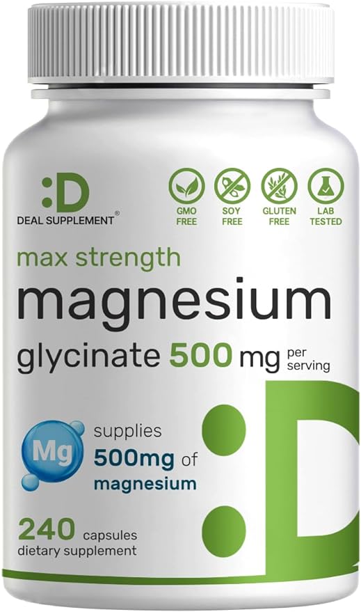 Max Strength Magnesium Glycinate 500mg Per Serving, 240 Capsules | Chelated, Highly Purified, Essential Mineral | Magnesium Supplement for Muscle, Joint, & Heart Health