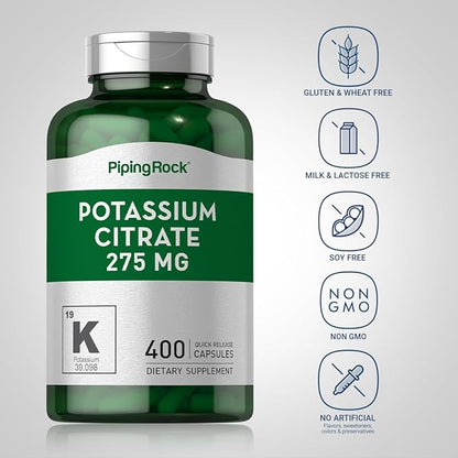 Potassium Citrate Supplement | 275 mg | 400 Capsules | Non-GMO, Gluten Free | by Piping Rock