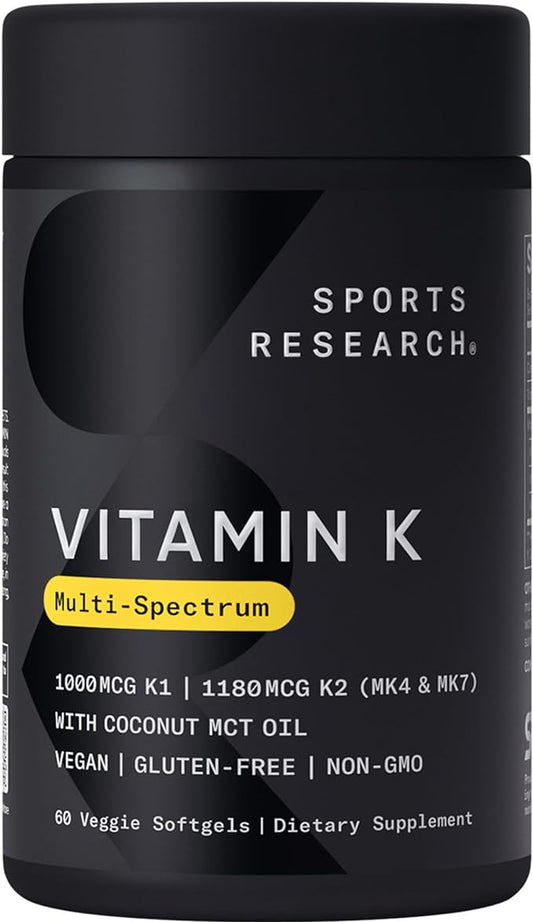 Sports Research Vitamin K Multi-Spectrum (2180mcg) with Coconut Oil - 3 Types of Vitamin K: K1, K2 MK-4 & K2 MK-7 - Vegan Friendly & Gluten Free - 60 softgels