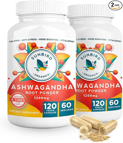 Ashwagandha Capsules Organic, Stress & Sleep Support, Potent 1200mg Pure Ashwagandha Root Powder, 120 Vegan Ashwagandha Capsules, Made in USA - 2 Bottles