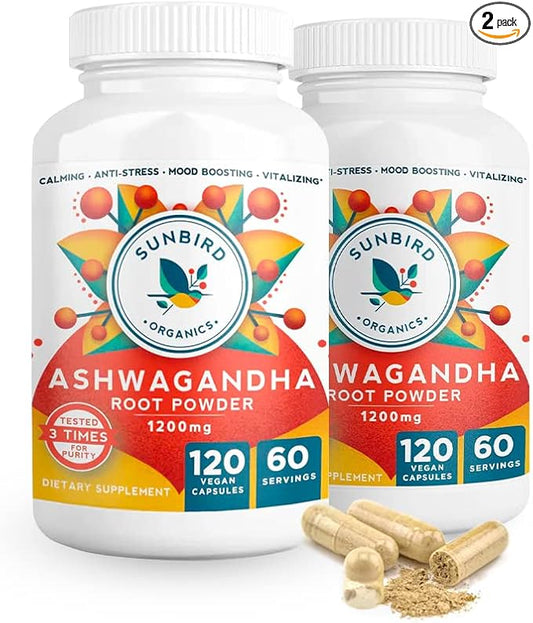 Ashwagandha Capsules Organic, Stress & Sleep Support, Potent 1200mg Pure Ashwagandha Root Powder, 120 Vegan Ashwagandha Capsules, Made in USA - 2 Bottles