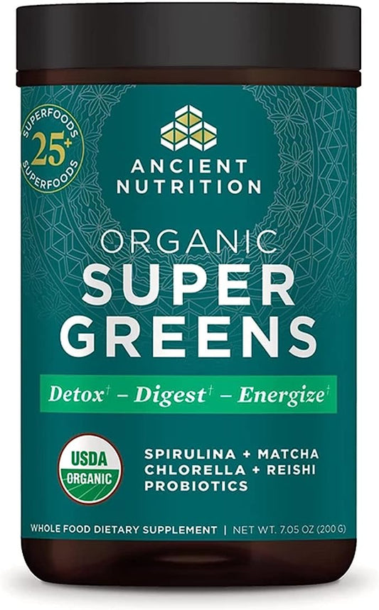 Ancient Nutrition Super Greens Powder, Organic Superfood Powder with Probiotics Made with Spirulina, Chlorella, Matcha, and Digestive Enzymes, 25 Servings, 7.5oz