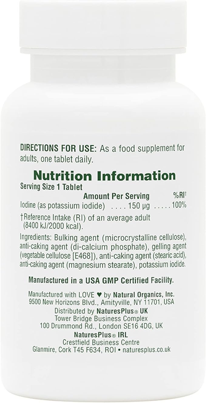 NaturesPlus Potassium Iodide - 150 mcg, 100 Vegan Tablets - Thyroid Support Supplement, Supports Respiratory Health - Vegetarian, Gluten Free - 100 Servings