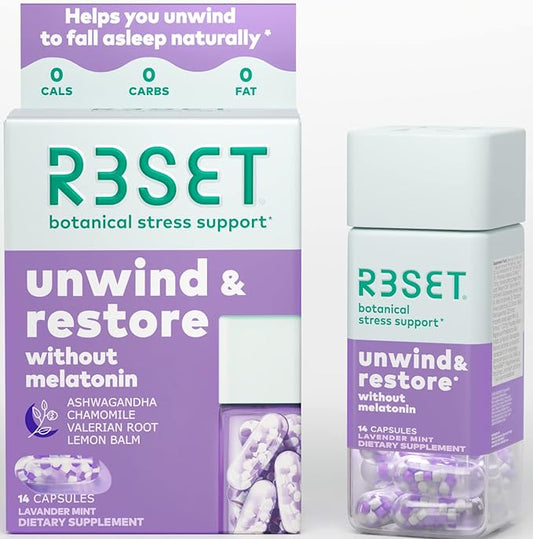 R3SET Unwind & Restore Nighttime Stress Relief & Sleep Aid Support, Melatonin-Free Daily Supplement– Ashwagandha, Chamomile, Valerian Root, Lemon Balm, GABA, 5-HTP, Vitamin D3, 14 Botanical Capsules